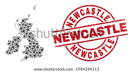 Newcastle grunged badge, and Great Britain and Ireland map collage of aircraft elements. Collage Great Britain and Ireland map constructed with air force symbols. Red badge with Newcastle tag,