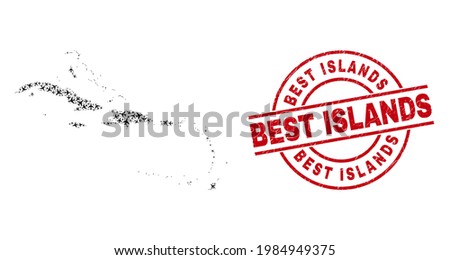 Best Islands textured seal stamp, and Caribbean Islands map collage of airliner items. Collage Caribbean Islands map created with air force symbols. Red stamp with Best Islands caption,