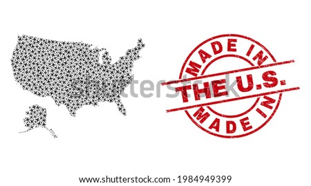Made In The U.S. distress stamp, and USA with Alaska map mosaic of air force items. Mosaic USA with Alaska map designed using air force symbols. Red watermark with Made In The U.S. word,