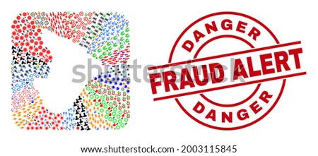Vector mosaic Sergipe State map of different symbols and Danger Fraud Alert seal stamp. Mosaic Sergipe State map designed as subtraction from rounded square.