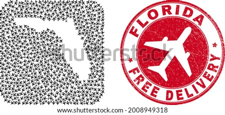 Vector mosaic Florida State map of airliner items and grunge Free Delivery seal stamp.