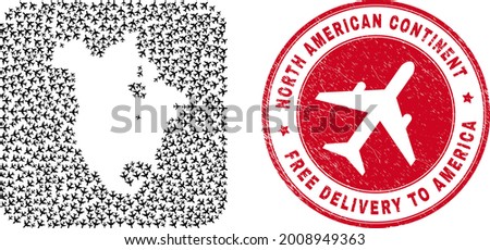 Vector collage North America v2 map of aviation items and grunge Free Delivery seal stamp.