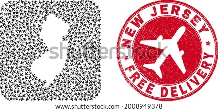 Vector mosaic New Jersey State map of air force elements and grunge Free Delivery seal stamp.