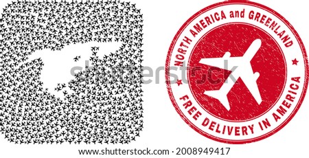 Vector collage North America and Greenland map of air force elements and grunge Free Delivery seal stamp.