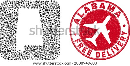 Vector mosaic Alabama State map of air force items and grunge Free Delivery badge. Mosaic geographic Alabama State map designed as carved shape from rounded square with coming out jet vehicles.