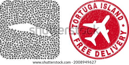 Vector mosaic Tortuga Island of Haiti map of air force items and grunge Free Delivery seal stamp.