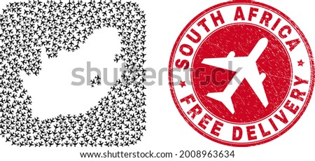 Vector mosaic South African Republic map of airliner items and grunge Free Delivery badge.