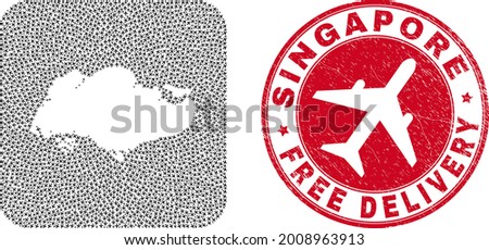 Vector mosaic Singapore map of airliner items and grunge Free Delivery seal stamp. Collage geographic Singapore map created as carved shape from rounded square with flying out jet vehicles.
