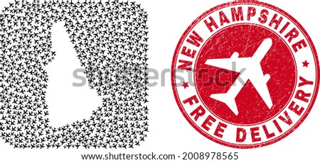 Vector collage New Hampshire State map of jet vehicle elements and grunge Free Delivery badge.