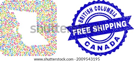 Vector collage British Columbia map of moving arrows and rubber Free Shipping seal stamp. Collage British Columbia map constructed as carved shape from rounded square shape with pointing arrows.