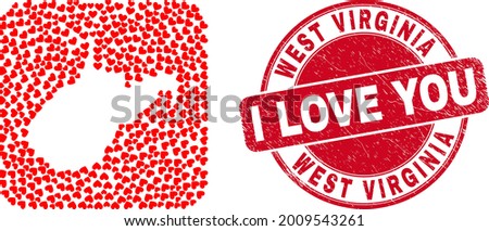 Vector mosaic West Virginia State map of love heart elements and grunge love seal stamp. Mosaic geographic West Virginia State map designed as carved shape from rounded square shape with love hearts.