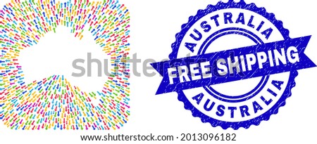 Vector mosaic Australia map of away arrows and rubber Free Shipping badge. Collage Australia map created as carved shape from rounded square shape with motion arrows.