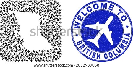 Vector collage British Columbia map of air plane elements and grunge Welcome stamp. Collage geographic British Columbia map constructed as hole from rounded square shape with air transport.