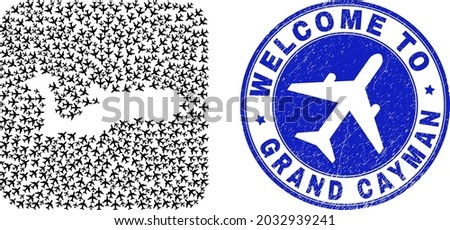 Vector mosaic Grand Cayman Island map of air fly items and grunge Welcome seal. Mosaic geographic Grand Cayman Island map created as carved shape from rounded square shape with aeroplanes.