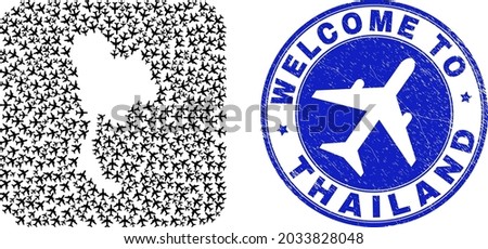 Vector mosaic Thailand map of aviation items and grunge Welcome seal stamp. Mosaic geographic Thailand map designed as hole from rounded square using air flights.