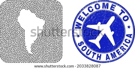 Vector mosaic South America map of air fly items and grunge Welcome seal stamp. Collage geographic South America map created as subtraction from rounded square shape with air planes.