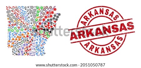 Arkansas State map collage and scratched Arkansas red circle badge. Arkansas stamp uses vector lines and arcs. Arkansas State map collage includes markers, houses, showers, suns, hands,