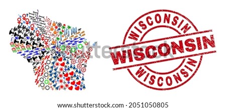 Wisconsin State map collage and rubber Wisconsin red round stamp seal. Wisconsin seal uses vector lines and arcs. Wisconsin State map mosaic contains gears, homes, showers, suns, people,