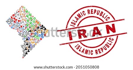 Washington District Columbia map mosaic and grunge Islamic Republic I R a N red circle stamp seal. Islamic Republic I R a N stamp uses vector lines and arcs.