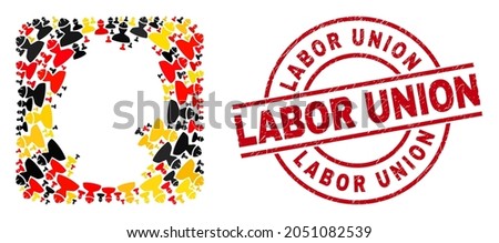 German state map collage in Germany flag official colors - red, yellow, black, and grunge Labor Union red round stamp print. Labor Union stamp uses vector lines and arcs.
