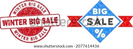 Low-Poly triangulated big sale 2d illustration with WINTER BIG SALE rubber seal. Red seal has Winter Big Sale tag inside circle shape. Big sale icon filled with triangle mosaic.