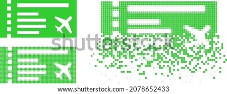 Airticket pictogram with dissipated effect. Disintegration effect involves round dots. Airticket in sparkle, pixelated halftone and base solid vector versions.