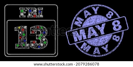 Glossy polygonal mesh net 13th Friday calendar page icon with glitter effect on a black background with May 8 dirty stamp seal. Illuminated vector mesh created from 13th Friday calendar page icon,