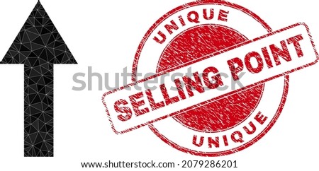 Low-Poly triangulated arrow up 2d illustration, and UNIQUE SELLING POINT textured stamp. Red stamp contains Unique Selling Point tag inside round shape. Arrow up icon is filled using triangle mosaic.