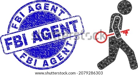 Lowpoly polygonal key robber icon illustration, and FBI Agent grunge stamp. Blue stamp has FBI Agent tag inside round form. Key robber icon is filled using triangles.