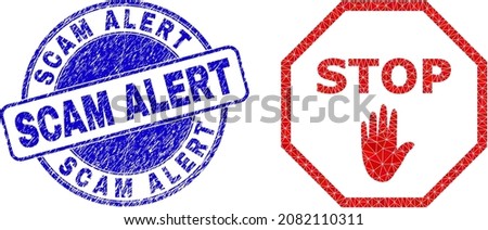 Low-Poly triangulated octagon stop hand 2d illustration with Scam Alert corroded seal. Blue seal contains Scam Alert caption inside circle it. Octagon stop hand icon filled with triangles.