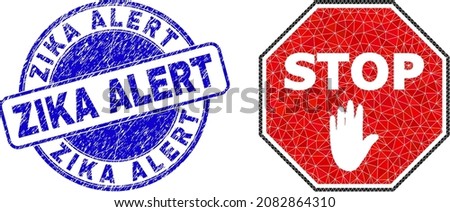 Lowpoly polygonal octagon stop palm 2d illustration with Zika Alert dirty seal. Blue seal includes Zika Alert title inside round it. Octagon stop palm icon filled with triangles.