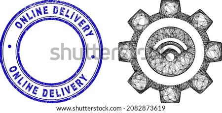 Network irregular mesh wifi smart gear icon with Online Delivery unclean round stamp seal. Abstract lines form wifi smart gear illustration.