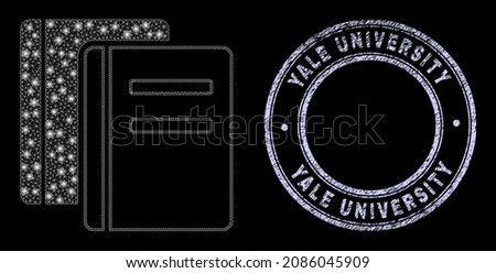 Glare polygonal mesh net books icon with glare effect on a black background with round Yale University grunge stamp. Vector grid is based on books pictogram, white colored mesh network is used.