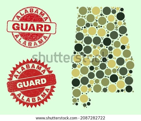 Vector circle parts collage Alabama State map in camo colors, and unclean watermarks for guard and military services. Round red stamps include phrase GUARD inside.