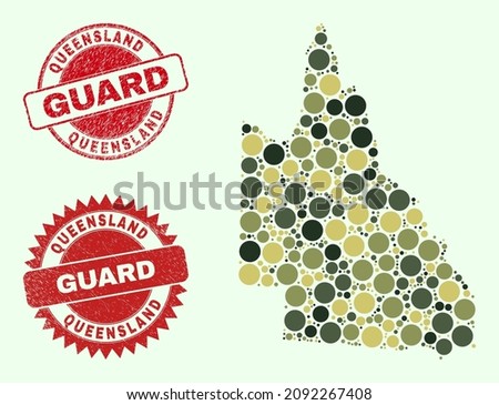 Vector round items collage Australian Queensland map in khaki hues, and textured seals for guard and military services. Round red seals include word GUARD inside.