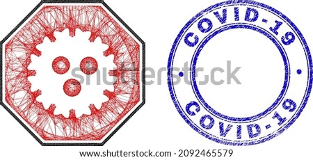 Net irregular mesh stop coronavirus octagon icon, and Covid-19 Quarantine scratched round stamp seal. Abstract lines form stop coronavirus octagon picture.