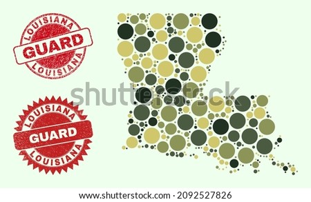 Vector circle elements composition Louisiana State map in camo colors, and rubber seals for guard and military services. Round red stamp seals contain word GUARD inside.