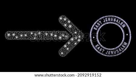 Illuminated polygonal mesh web arrow right icon with glitter effect on a black background with round East Jerusalem rubber seal imitation. Vector grid is created from arrow right icon,