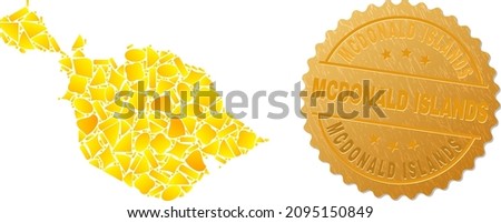 Golden collage of yellow elements for Heard and McDonald Islands map, and gold metallic Mcdonald Islands stamp. Heard and McDonald Islands map collage is formed of random gold spots.