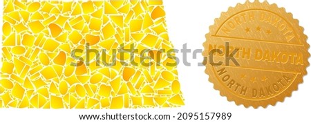 Golden mosaic of yellow particles for North Dakota State map, and golden metallic North Dakota seal. North Dakota State map mosaic is done with randomized gold particles.