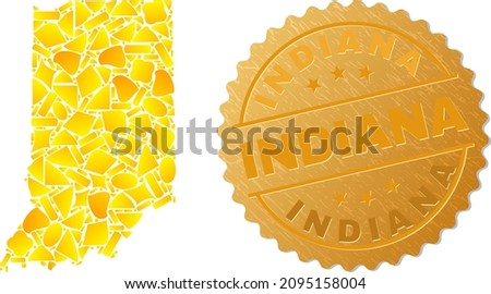 Golden combination of yellow particles for Indiana State map, and golden metallic Indiana stamp seal. Indiana State map collage is composed of random golden spots.