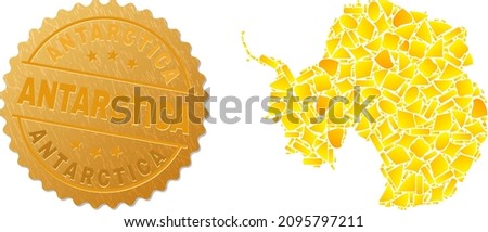 Golden mosaic of yellow spots for Antarctica continent map, and gold metallic Antarctica stamp seal. Antarctica continent map mosaic is created of randomized golden parts.