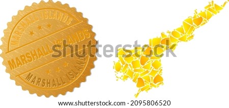 Golden collage of yellow spots for Andhra Pradesh State map, and golden metallic Marshall Islands stamp seal. Andhra Pradesh State map mosaic is organized of random gold particles.