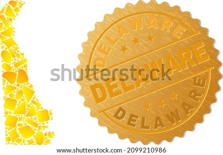 Golden mosaic of yellow parts for Delaware State map, and golden metallic Delaware seal. Delaware State map mosaic is composed of random gold.