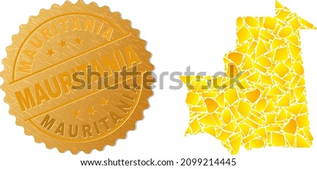 Golden combination of yellow elements for Mauritania map, and golden metallic Mauritania stamp seal. Mauritania map composition is organized with scattered golden parts.