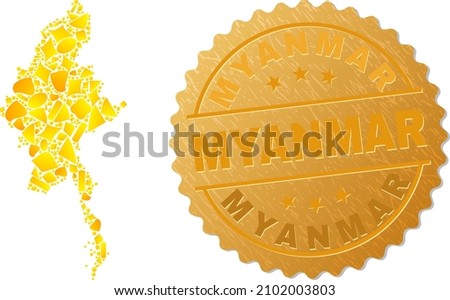 Golden composition of yellow for Myanmar map, and gold metallic Myanmar seal imitation. Myanmar map collage is designed of scattered golden spots.