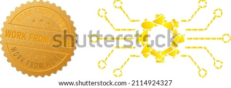 Golden composition of yellow spots for smart gear hub icon, and gold metallic Work from Home seal. Smart gear hub icon mosaic is formed of random golden items.