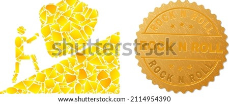Golden composition of yellow fractions for man rolling stone up icon, and golden metallic Rock N Roll stamp seal. Man rolling stone up icon mosaic is constructed of scattered golden elements. Foto stock © 