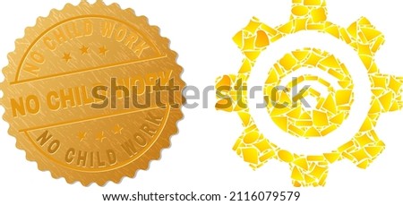Golden collage of yellow items for wifi smart gear icon, and golden metallic No Child Work stamp seal. Wifi smart gear icon collage is composed of scattered golden particles.