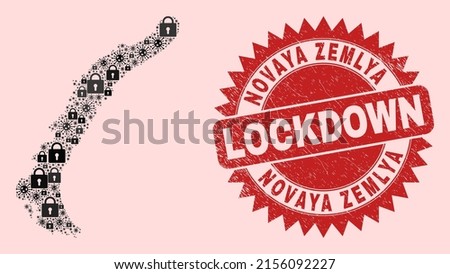 Vector Covid-2019 lockdown collage Novaya Zemlya Islands map and corroded stamp seal. Lockdown red stamp uses sharp rosette form. Collage Novaya Zemlya Islands map is done with covid,